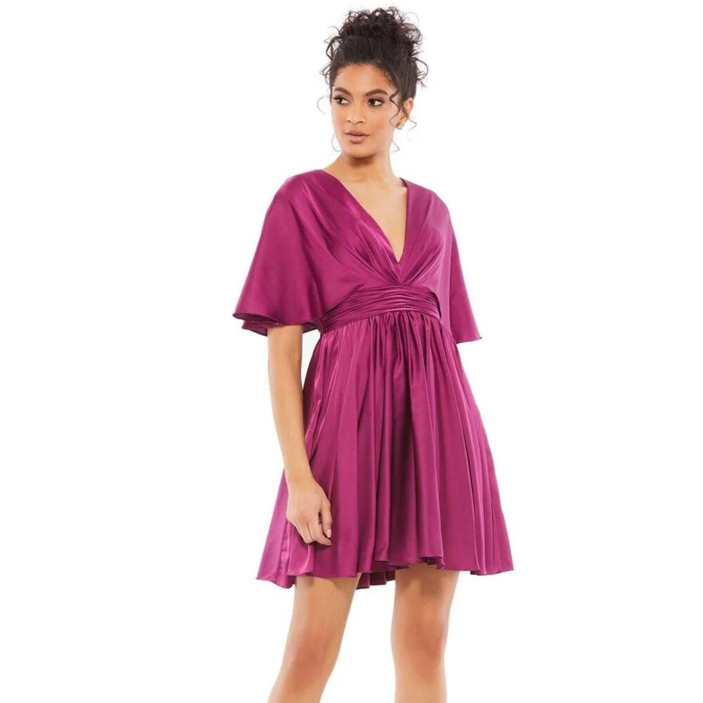 IEENA for Mac Duggal Satin Dress Flowy Cape Sleeve V-Neck Mini Purple NWT 0